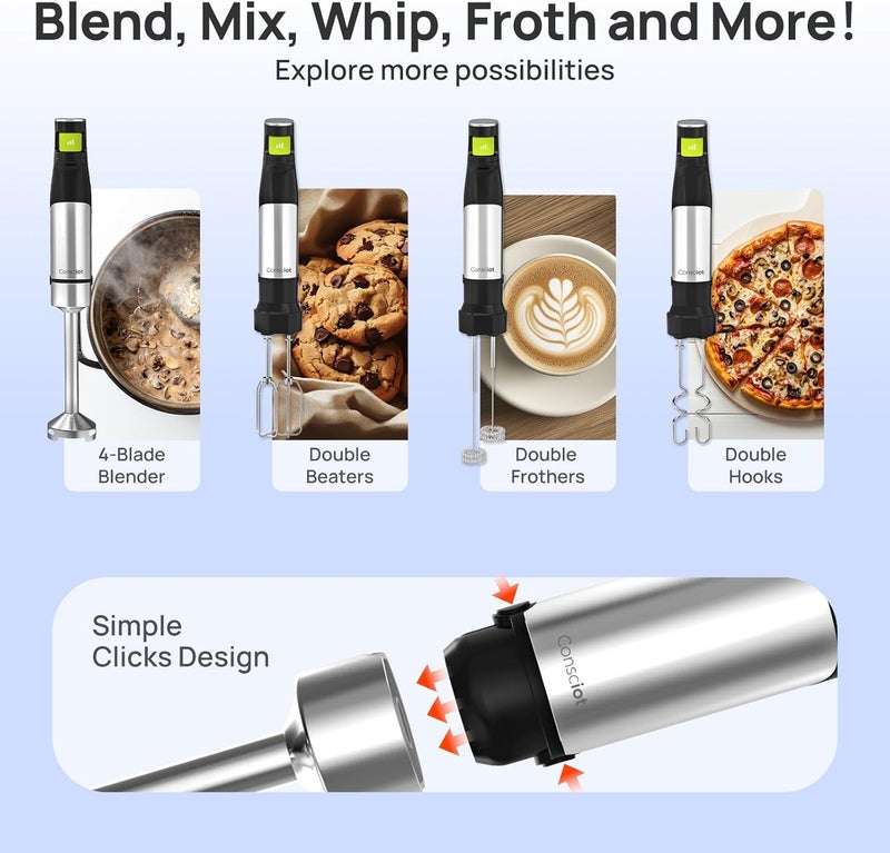 Consciot 4-in-1 Immersion Blender Handheld Max 1100W, Corded Stick Emulsifier with Entire Stainless Steel Blender Shaft, Trigger Speed Control, For Blending, Beating, Frothing, Mixing & More, Non-BPA - Image 4